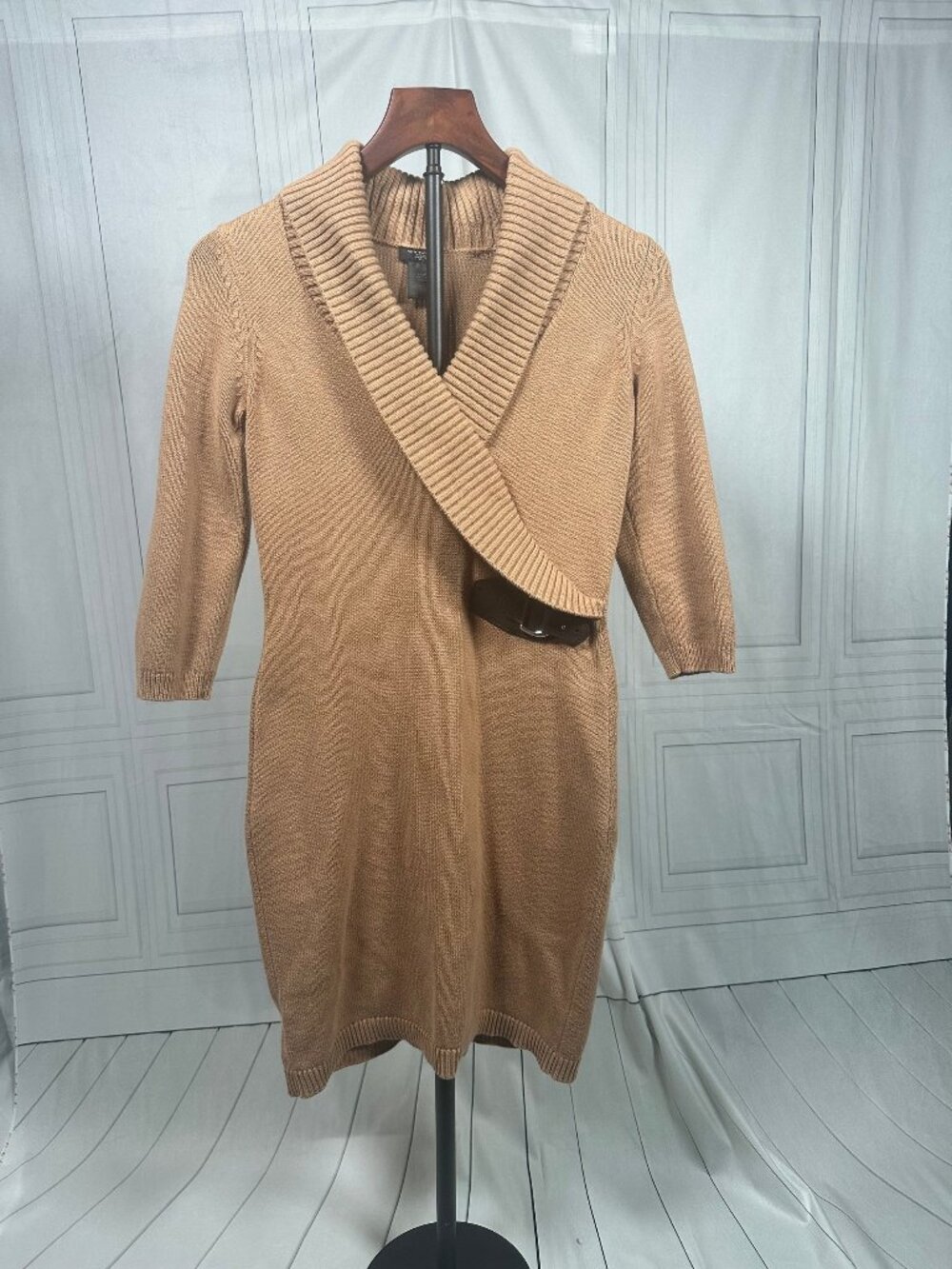 Ann Taylor XXSP Camel Knit Sweater Dress Belted 3/4 Sleeve